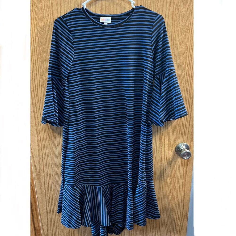 Lularoe Blue Striped Ruffled Swing Dress Women's Size XS ( 2 - 4 ) Bell Sleeves